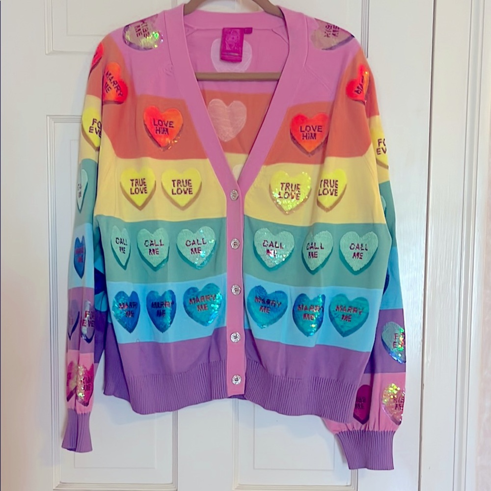 QUEEN OF SPARKLES Rainbow Conversation Heart Cardigan ~ Size L ~ Brand New!!